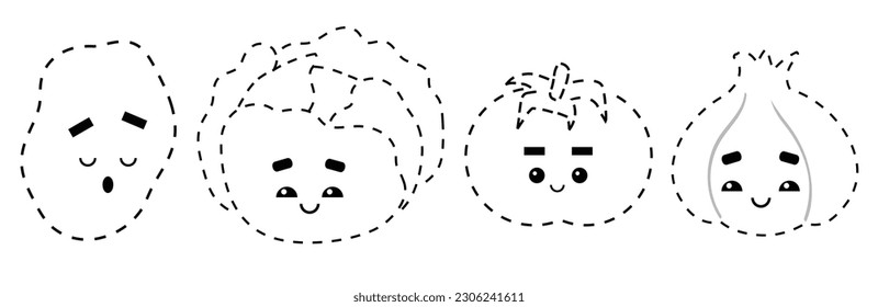 Connect the dots, educational game for children. Set of cartoon vegetables with cute faces. Potato, Garlic, Tomato, Cabbage. Worksheet for preschool kids with the task of connecting lines.