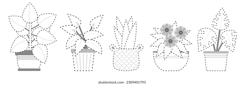 Connect the dots, educational game for children. Set of cartoon house plants. Snake plant, Peace Lily, Rubber fig, Monstera, Gerbera. Worksheet for preschool kids with the task of connecting