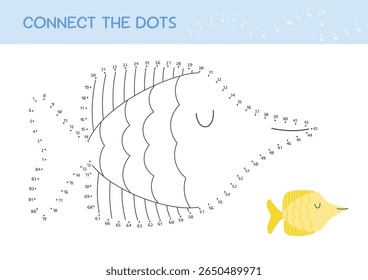 Connect the dots educational game for children. Cute cartoon tang fish. Numbers game. Printable worksheet for kids. Dot to dot and color. Vector illustration.