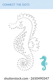 Conecta los puntos del juego educativo para los niños. Lindo caballo de mar de dibujos animados. Juego de números. Hoja de trabajo imprimible para niños. Punto a punto y color. Ilustración vectorial.