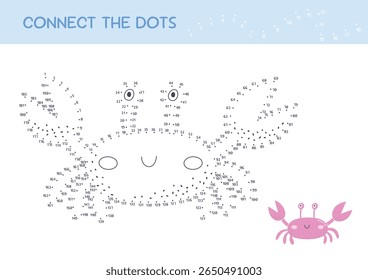 Connect the dots educational game for children. Cute cartoon crab. Numbers game. Printable worksheet for kids. Dot to dot and color. Vector illustration.