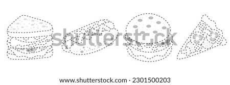 Connect the dots, educational game for children. Set of cartoon fast food. Pizza, Hot dog, Burger, Sandwich. Worksheet for preschool kids with the task of connecting lines.