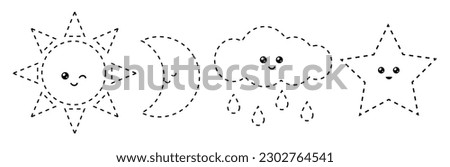 Connect the dots, educational game for children. Set of cartoon sky objects. Sun, Cloud with raindrops in the sky, Crescent, Space star. Worksheet for preschool kids with the task of connecting lines