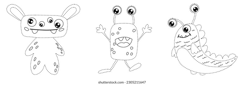 Conectar los puntos, juego educativo para niños, monstruos de dibujos animados, extraterrestres