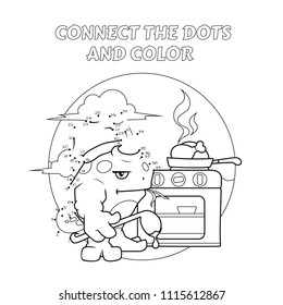 Connect the dots game for children. Grumpy pink monster cooks dinner.