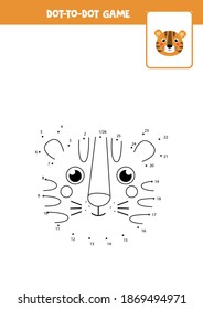Connect the dots game with cute tiger face. Educational worksheet. 