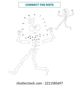 Connect the dots for the halloween skeleton. Educational worksheet.