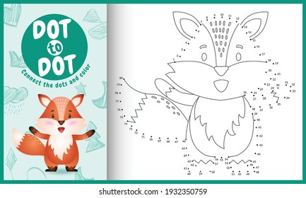 Connect the dots kids game and coloring page with a cute fox character illustration