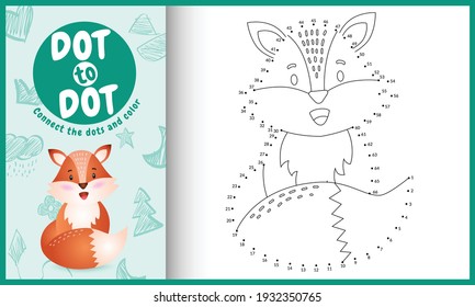 Connect the dots kids game and coloring page with a cute fox character illustration