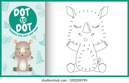 Connect the dots kids game and coloring page with a cute rhino character illustration