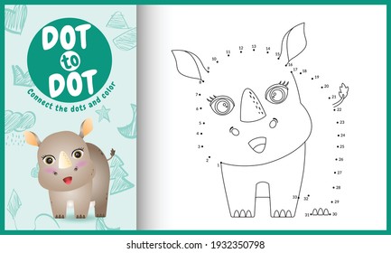 Connect the dots kids game and coloring page with a cute rhino character illustration