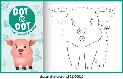 Connect the dots kids game and coloring page with a cute pig character illustration