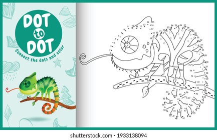 Connect the dots kids game and coloring page with a cute chameleon character illustration