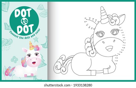 Connect the dots kids game and coloring page with a cute unicorn character illustration