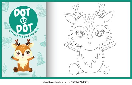 Connect the dots kids game and coloring page with a cute deer character illustration