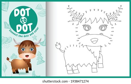 Connect the dots kids game and coloring page with a cute buffalo character illustration