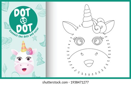 Connect the dots kids game and coloring page with a cute face unicorn character illustration
