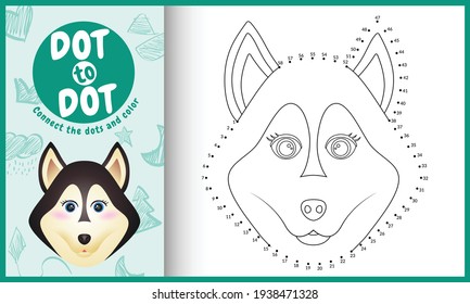 Connect the dots kids game and coloring page with a cute face husky dog character illustration