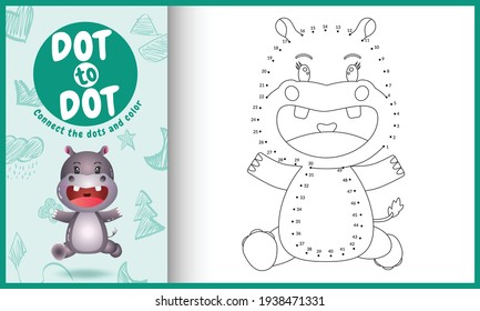 Connect the dots kids game and coloring page with a cute hippo character illustration