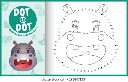 Connect the dots kids game and coloring page with a cute face hippo character illustration