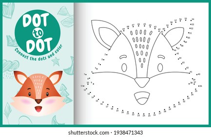 Connect the dots kids game and coloring page with a cute face fox character illustration