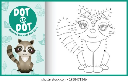 Connect the dots kids game and coloring page with a cute raccoon character illustration