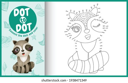 Connect the dots kids game and coloring page with a cute raccoon character illustration