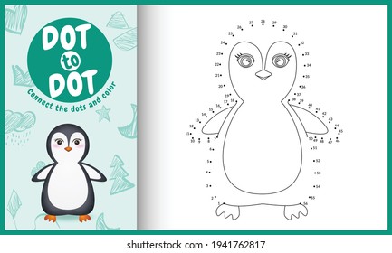 Connect the dots kids game and coloring page with a cute penguin character illustration