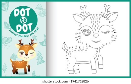 Connect the dots kids game and coloring page with a cute deer character illustration