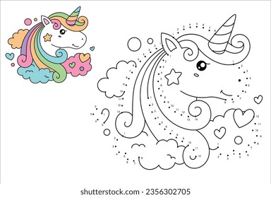 Connect the dots kids game and coloring page with a cute unicorn. Connect The Dots and Draw Cute Cartoon Unicorn. Educational Game for Kids. Vector Illustration With Cartoon Animal Characters. 51