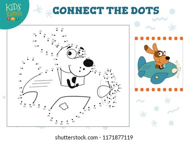 Connect the dots kids game vector illustration. Preschool children education activity with joining dot to dot and coloring dog character 