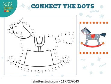 Connect the dots kids game vector illustration. Preschool children education activity with joining dot to dot and coloring rocking horse 