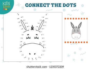 Connect the dots kids game vector illustration. Preschool children education activity with joining dot to dot and coloring donkey head 