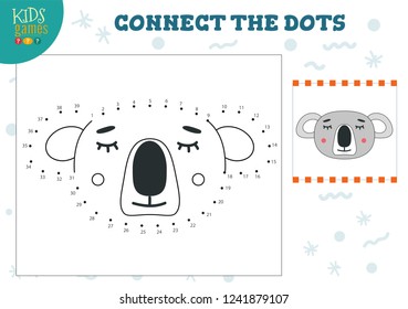 Connect the dots kids game vector illustration. Preschool children education activity with joining dot to dot and coloring koala  character 