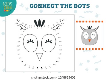 Connect the dots kids game vector illustration. Preschool children education activity with joining dot to dot and coloring owl head 