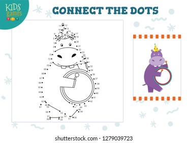 Connect the dots kids game vector illustration. Preschool children education activity with joining dot to dot and coloring funny hippo character 