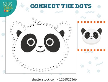 Connect the dots kids game vector illustration. Preschool children education activity with joining dot to dot and coloring cute cartoon panda 