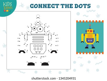 Connect the dots kids game vector illustration. Preschool children education activity with joining dot to dot and coloring vintage robot  character 