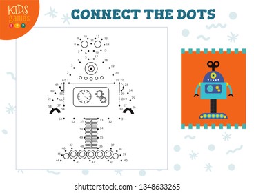 Connect the dots kids game vector illustration. Preschool children educational activity with joining dot to dot for one leg humanoid robot 