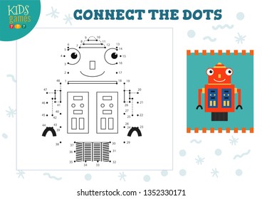 Connect the dots kids game vector illustration. Preschool children drawing activity with joining dot to dot cute smiling robot  character 