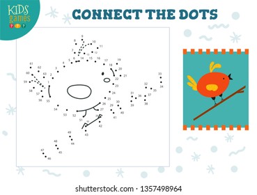 Connect the dots kids game vector illustration. Preschool children drawing activity with joining dot to dot cute little bird character 