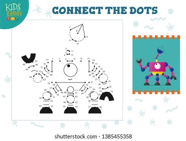 Connect the dots kids game vector illustration. Kindergarten children educational activity with joining dot to dot worksheet with funny cartoon robotic character 