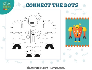 Connect the dots kids game vector illustration. Preschool children education activity with joining dot to dot and coloring funny robot  character 