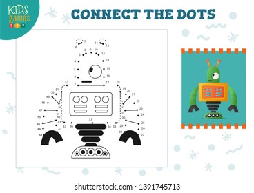 Connect the dots kids game vector illustration. Preschool children education activity with joining dot to dot and coloring vintage robot  character 