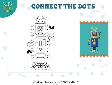 Connect the dots kids game vector illustration. Preschool children drawing activity with joining dot to dot funny robot  character 