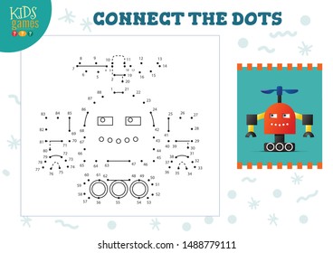 Connect the dots kids game vector illustration. Preschool children education activity with joining dot to dot and coloring funny cute robot  character 