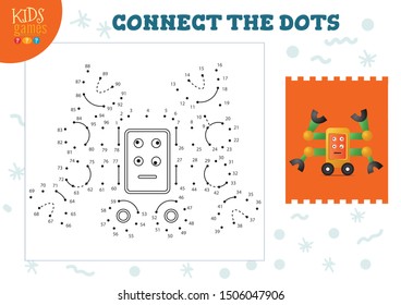 Connect the dots kids game vector illustration. Kindergarten children educational activity with joining dot to dot worksheet with funny four arms cartoon robotic character 
