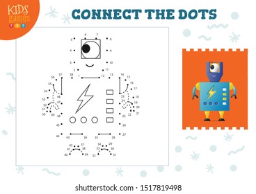 Connect the dots kids game vector illustration. Preschool children drawing activity with joining dot to dot funny one eyed robot  character 