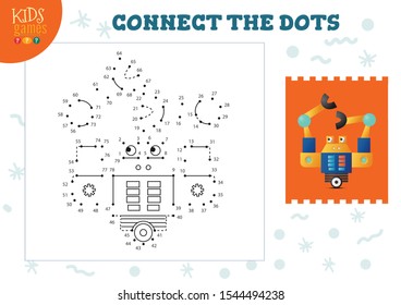 Connect the dots kids game vector illustration. Kindergarten children educational activity with joining dot to dot worksheet with funny big arms cartoon robotic character 