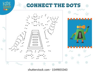 Connect the dots kids game vector illustration. Preschool children drawing activity with joining dot to dot cute robot  character 